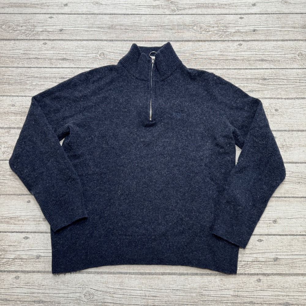 Barbour Sweater Men's Medium Navy Blue Wool Knit Mockneck Quarter Zip Pullover